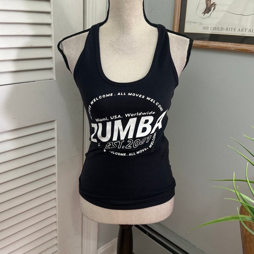 Zumba Tank Top Womens Small Black Retro Y2K Fitted Racerback Miami Workout